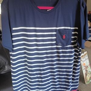 Ralph Lauren Navy Striped Pocket Tee with Red Pony. New